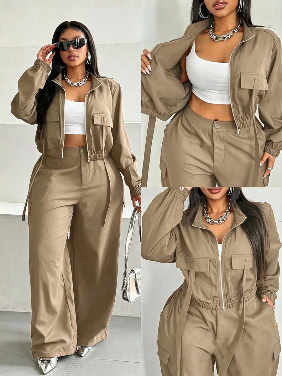Plus Size Women's Color Long Sleeve Zip-Up Jacket And Pants Casual 2-Piece Set