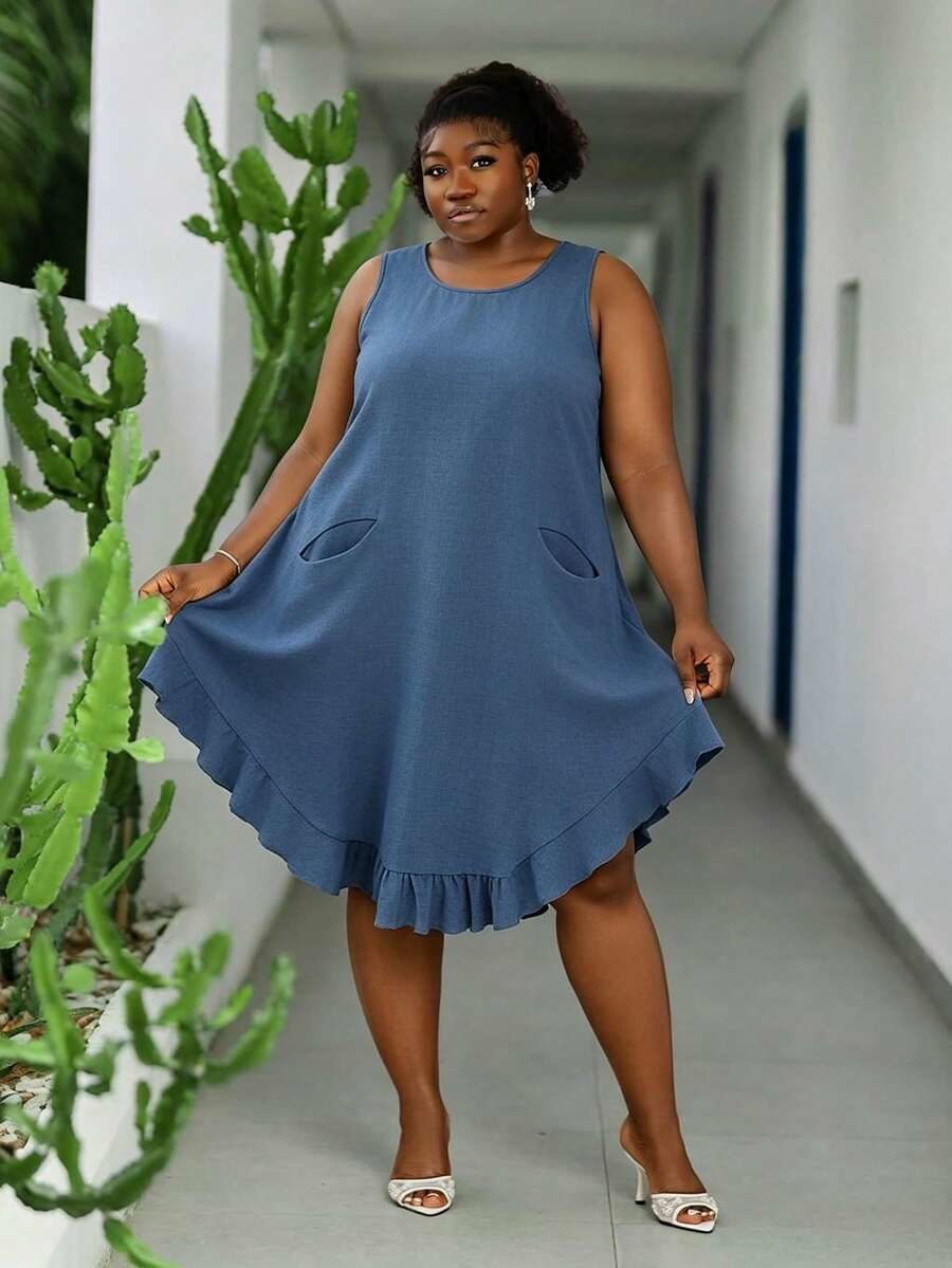 Plus Size Women Dusty Blue Boho Summer Vacation Holiday Solid Color Round Neck Pocket Design Casual Sleeveless Dress