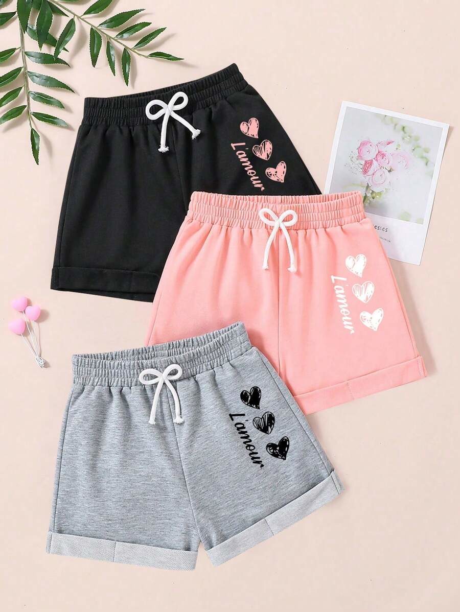 3pcs/Set Tween Girls Heart Printed Tie Waist Shorts Set
