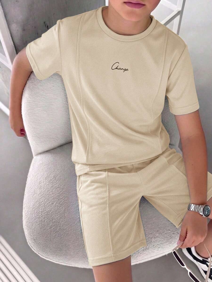 Tween Boy Casual Letter Print Pattern Round Neck Short Sleeve Top And Shorts