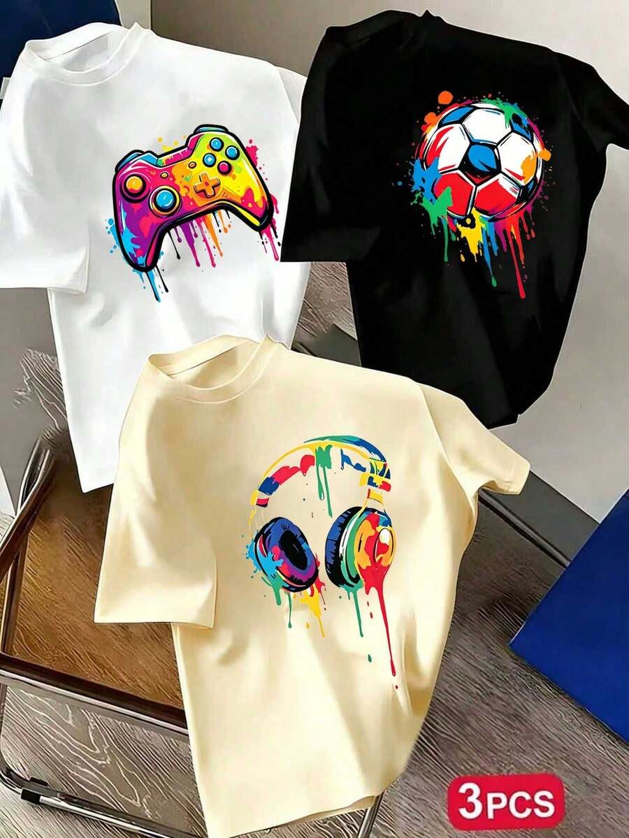 3pcs Tween Boys' Popular Graphic Print Round Neck Short Sleeve T-Shirts