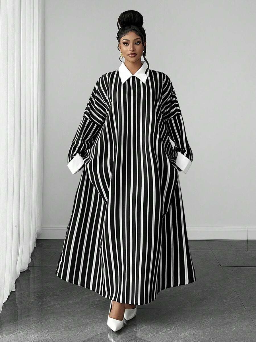 Plus Size Women Black & White Vertical Striped Loose Drop Shoulder Long Dress