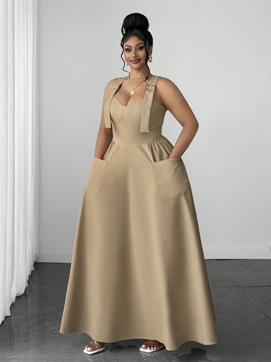 Fashion Charming Metal Buckle Pleated Shirred Plus Size Spaghetti Strap Dress