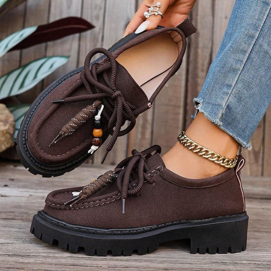 Thick Sole Comfortable Casual Lace-Up Vintage Women's Casual Shoes Work Shoes Women's Loafers Sports Lace-Up Home