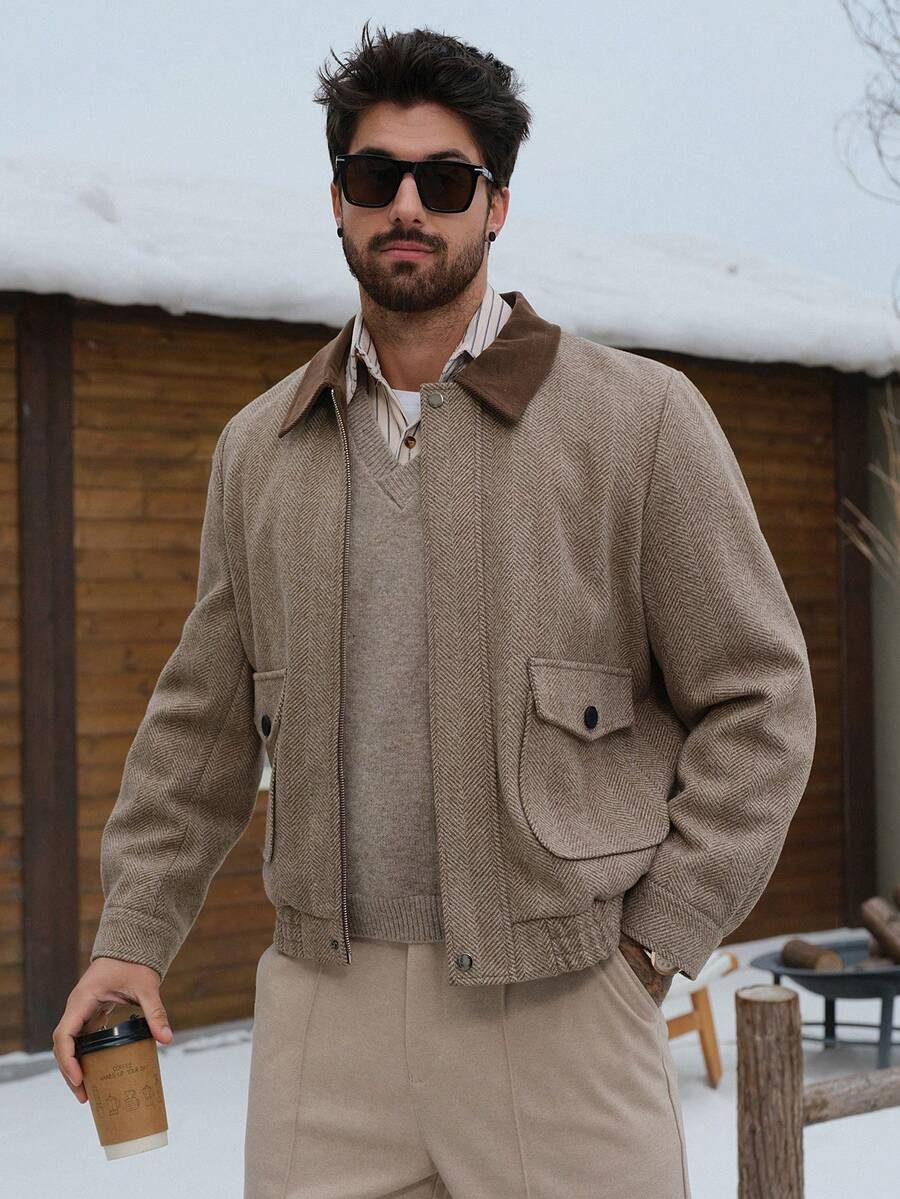 's Thick Twill Fabric Patchwork Collar Design Jacket And Coat