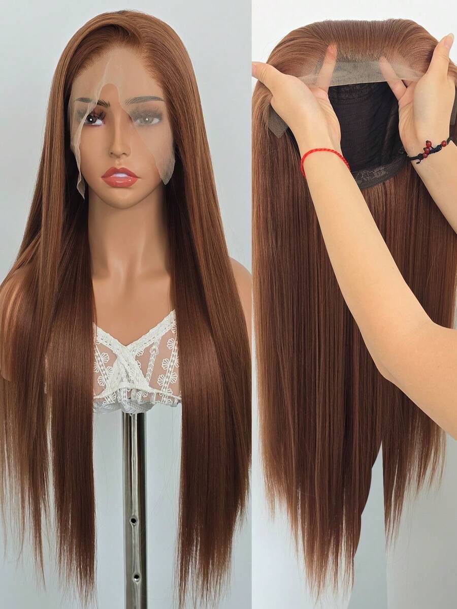 13X4 24 Inch Black Straight Lace Front Wig For Women - Heat Resistant Synthetic Hair