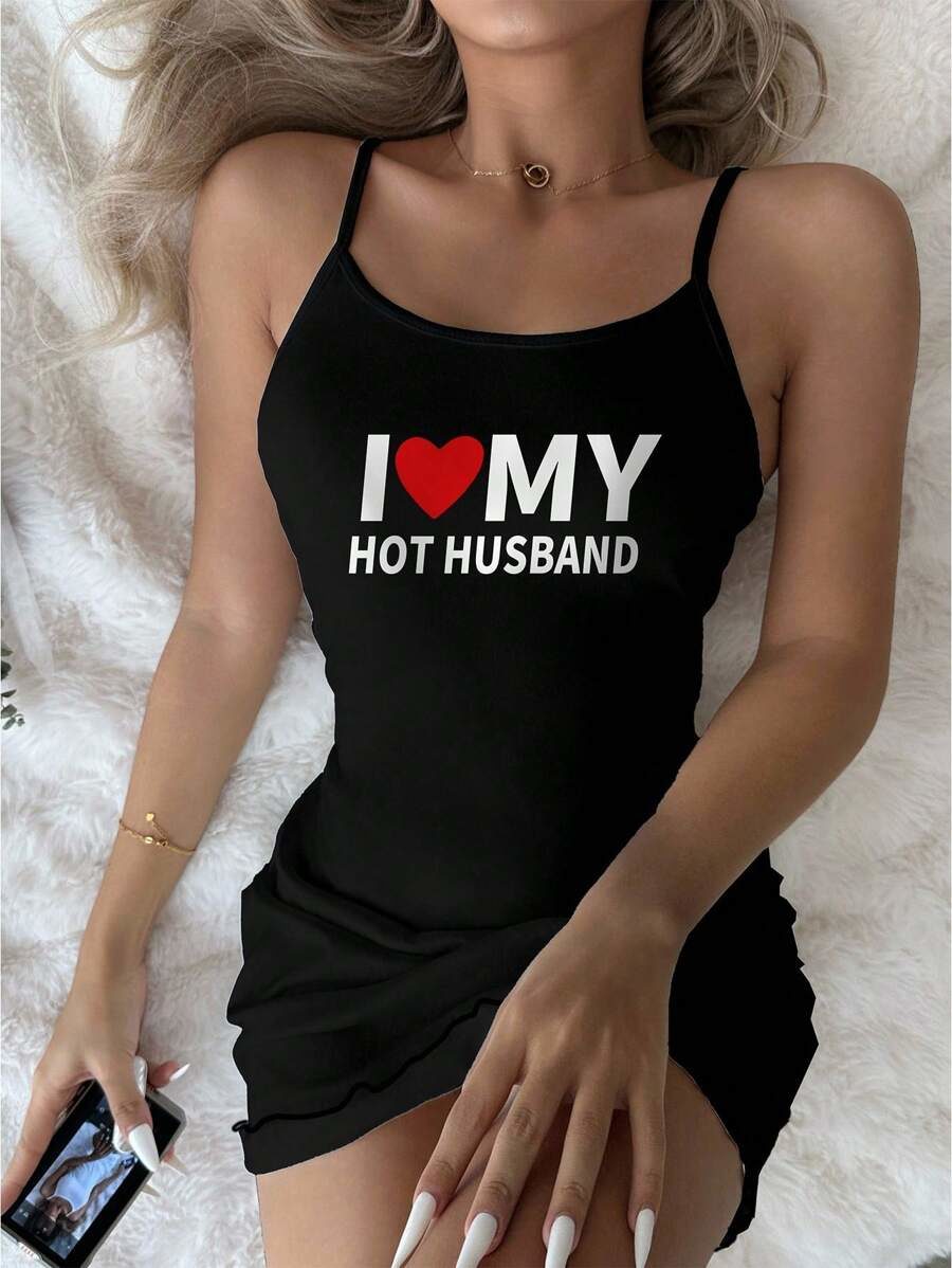 Women Casual Letter Print Slip Nightgown