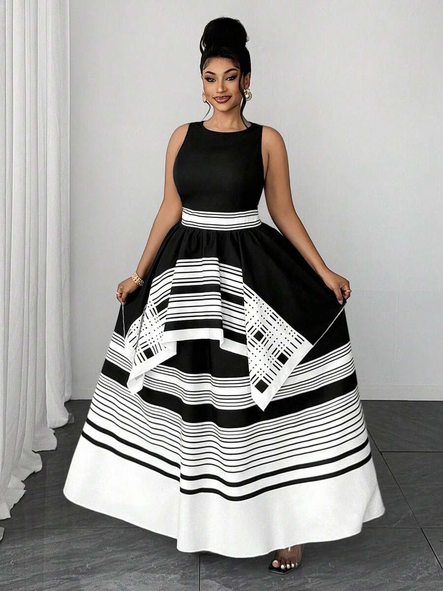 Plus Size Women's Neck Cinched Waist Sleeveless Double Layer Hem A-Line Dress