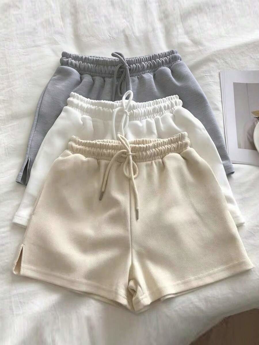Women's Solid Color Elastic Waist Drawstring Casual Baggy Shorts