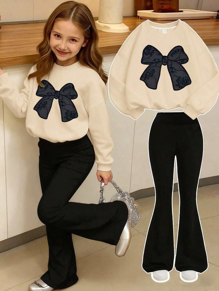 2pcs/Set Girls Bow Print Crew Neck Sweatshirt And Pants