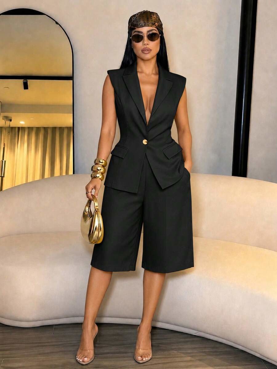 Women's Aesthetic Black Sleeveless Blazer Vest Utility Pocket Shorts Co-Ord Set