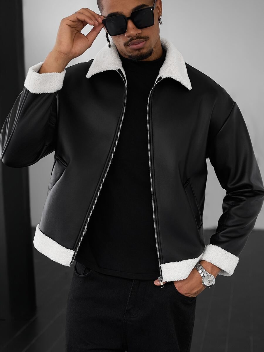 Gift Casual Design Minimalist Versatile Loose Black White Leather Fleece Jacket