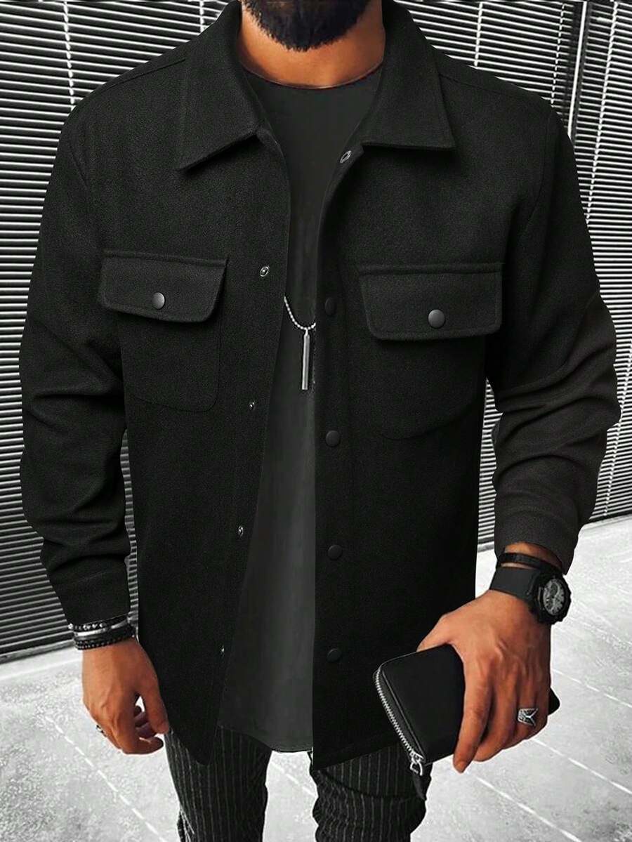 Men's Solid Color Long Sleeve Utility Pocket Single-Breasted Casual Overcoat