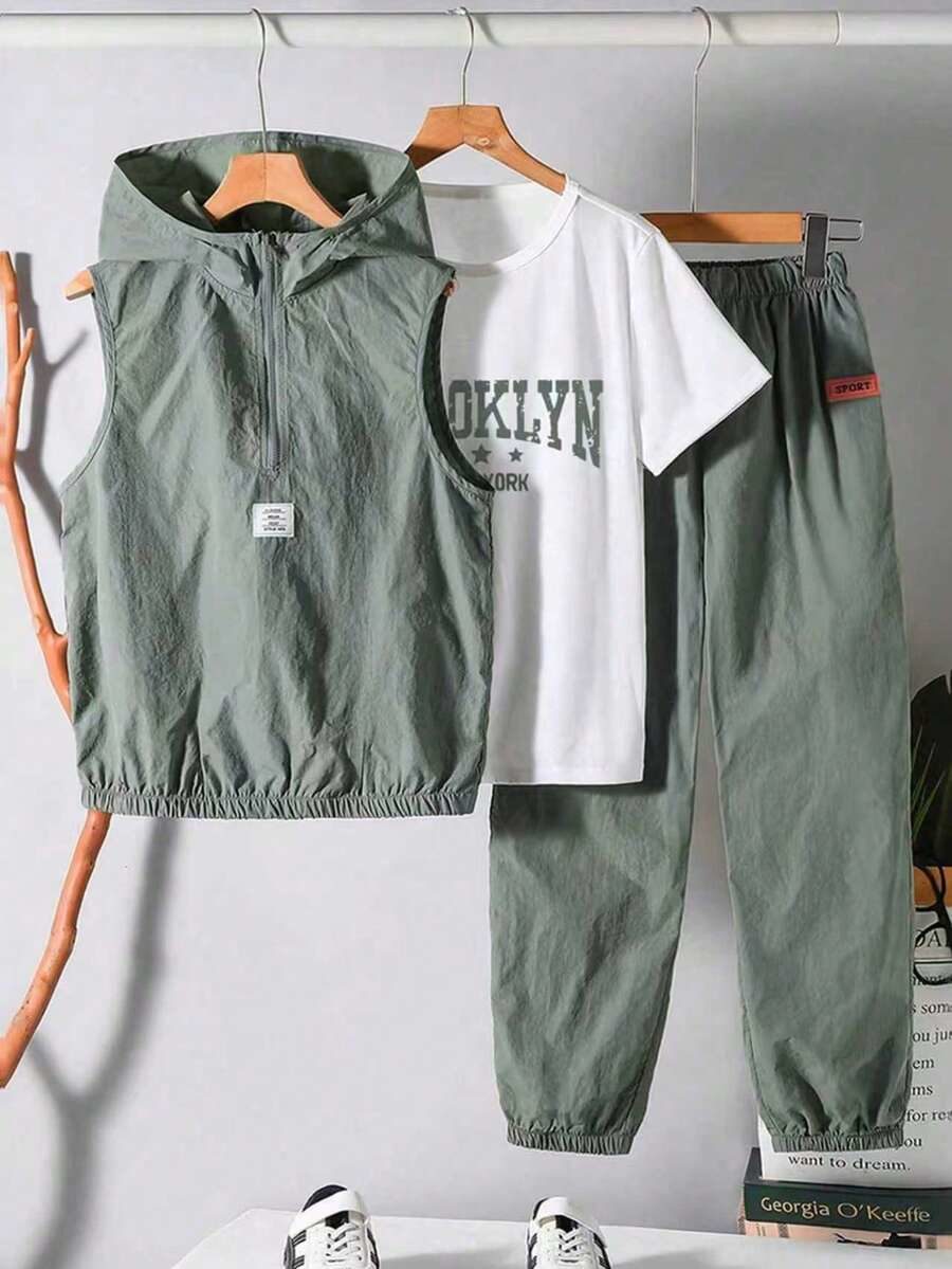 3pcs/Set Boys' Casual Sports Comfortable Versatile Set: Soft Hoodie Vest