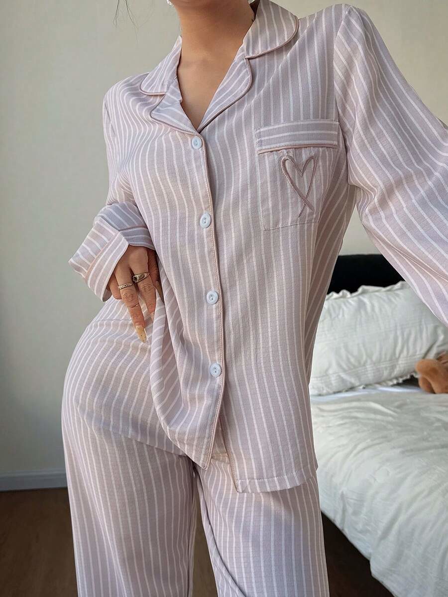 Sleeve PJS Woven Fabric Sleepwear With Collar Pockets And Matching Long Pants