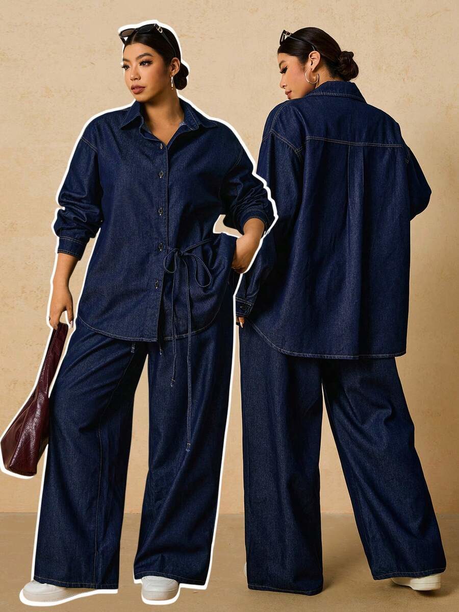 Plus Size Women Dark Blue Denim 2 Pieces Set