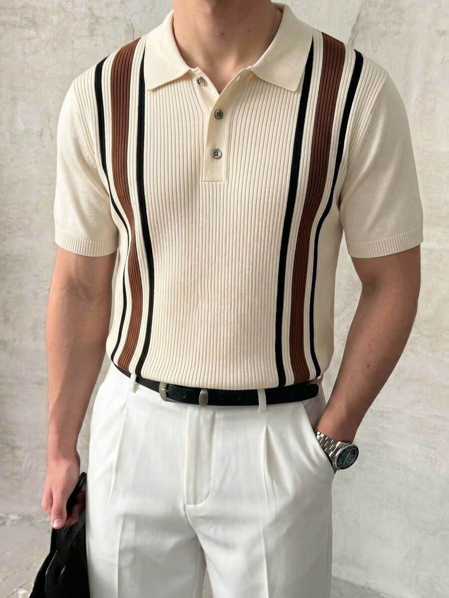 Men's Retro Style Collar Short Sleeve Striped Slim Fit Knit Polo Shirt (Cream