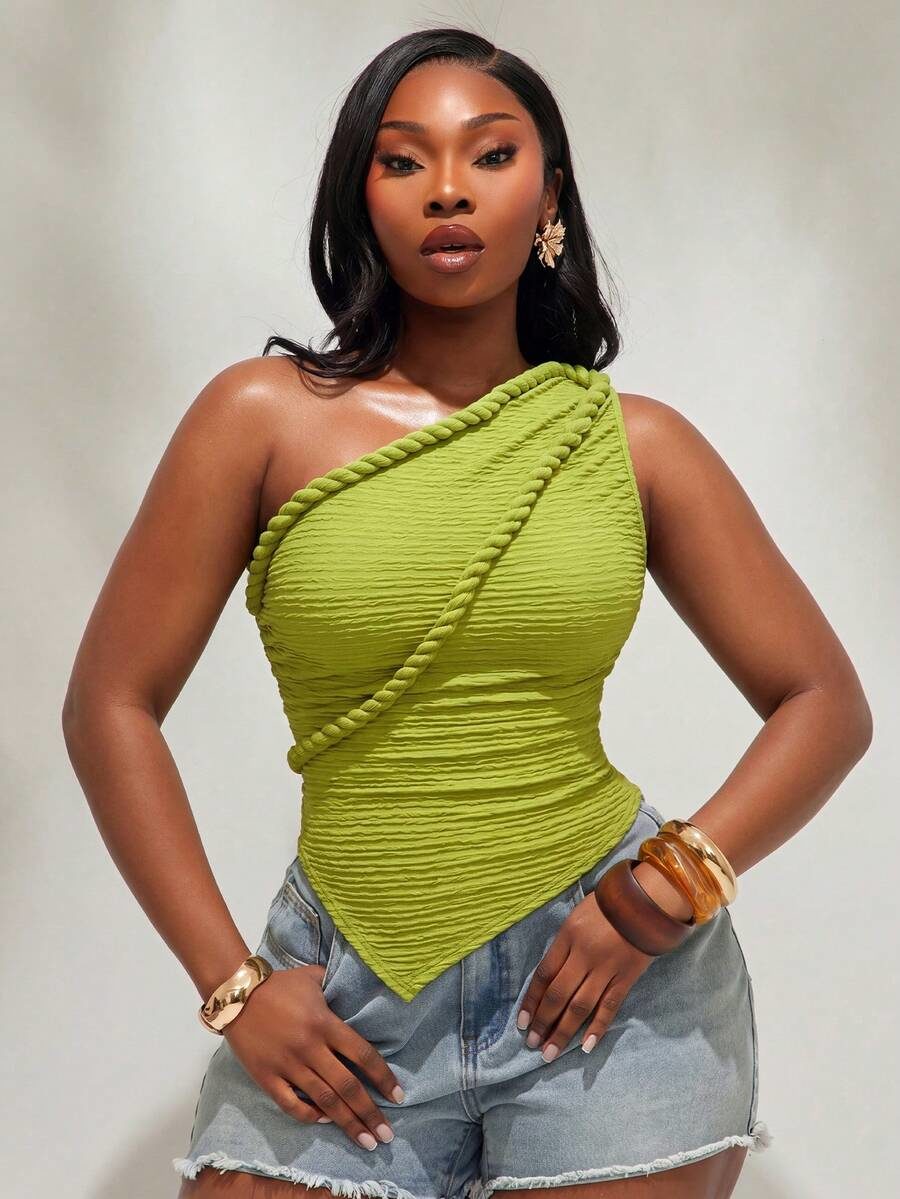 Plus Size Women's Shoulder Twisted Rope Design Asymmetrical Hem Sleeveless Top