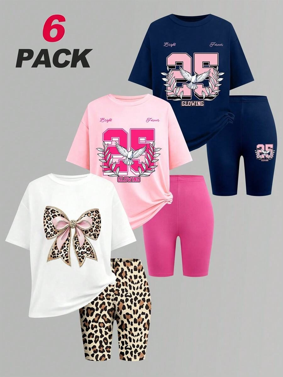 Tween Girls 6pcs/Set Short Sleeve Round Neck Squishy T-Shirt Set