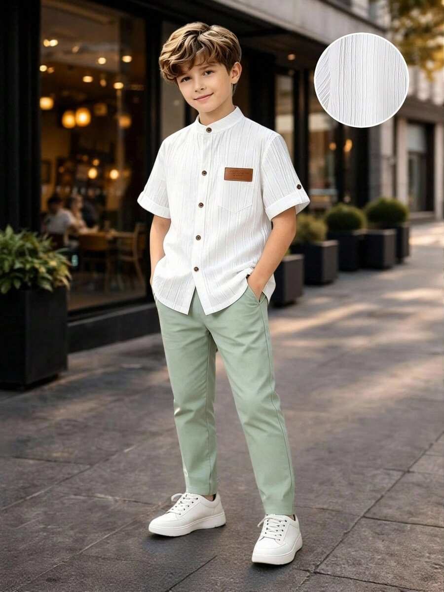 Tween Boys White Sage Green Collared Shirt Pants Set