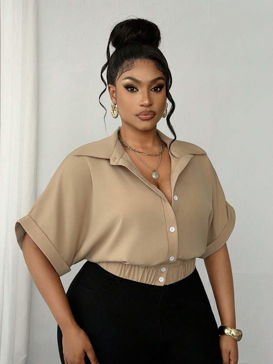 Plus Size Women Summer Turndown Collar Short Sleeve Utility Shirt