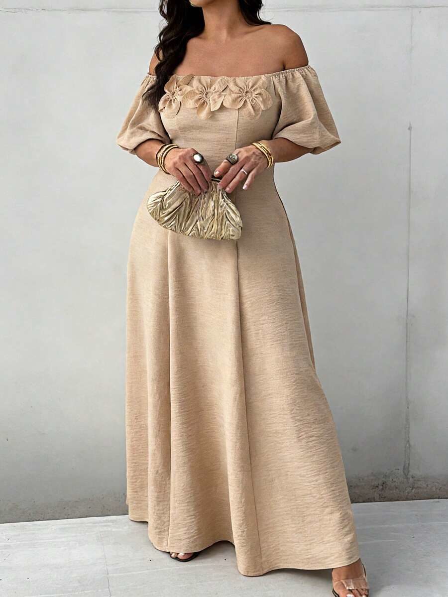 Plus Size Casual Solid Color Asymmetric-Shoulder Dress With 3D Floral Decor Day