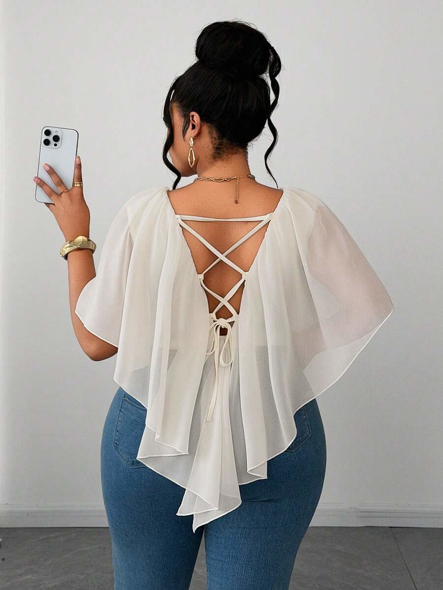 Plus Size French Sexy V-Neck Ruffle Trim Vacation Blouse