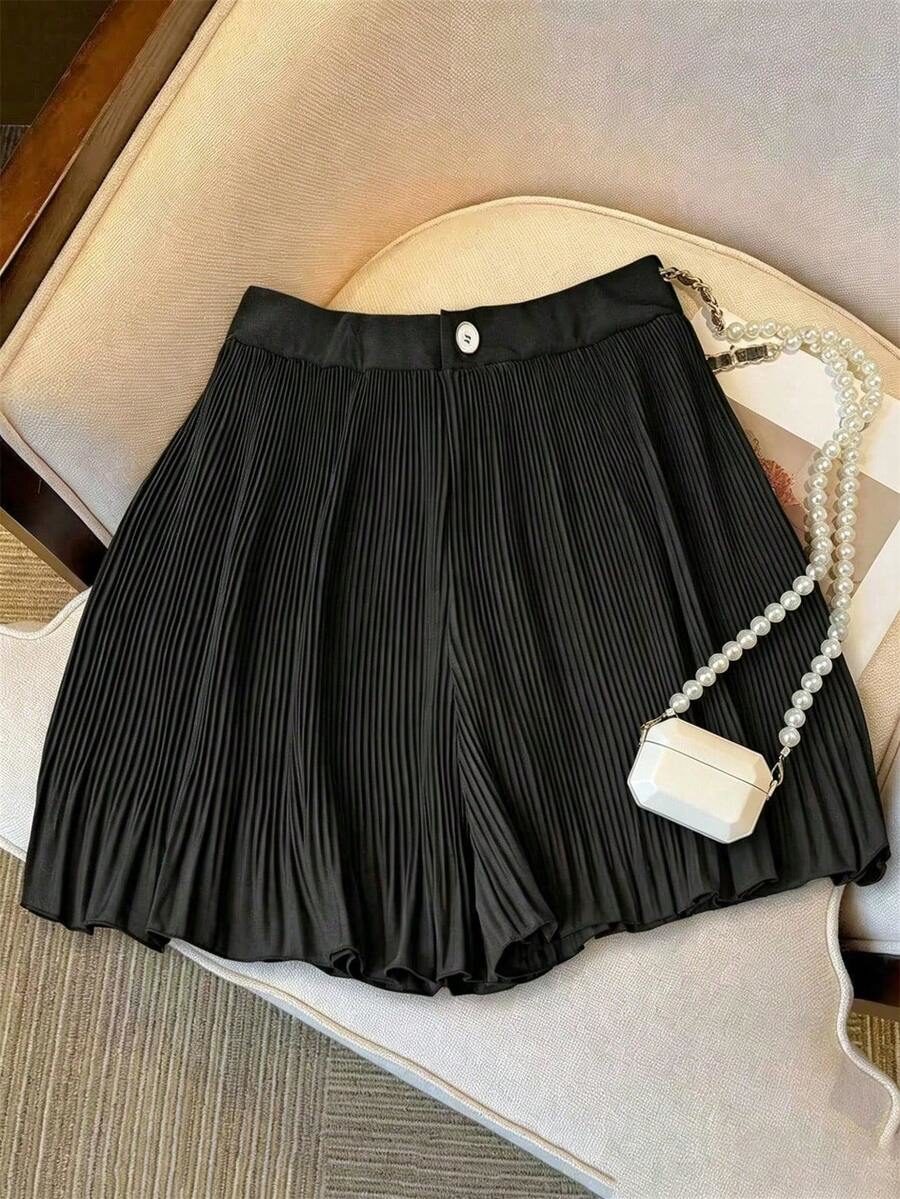 New Fashionable Versatile Pleated Solid Color Mini Skirt Shorts Black Summer