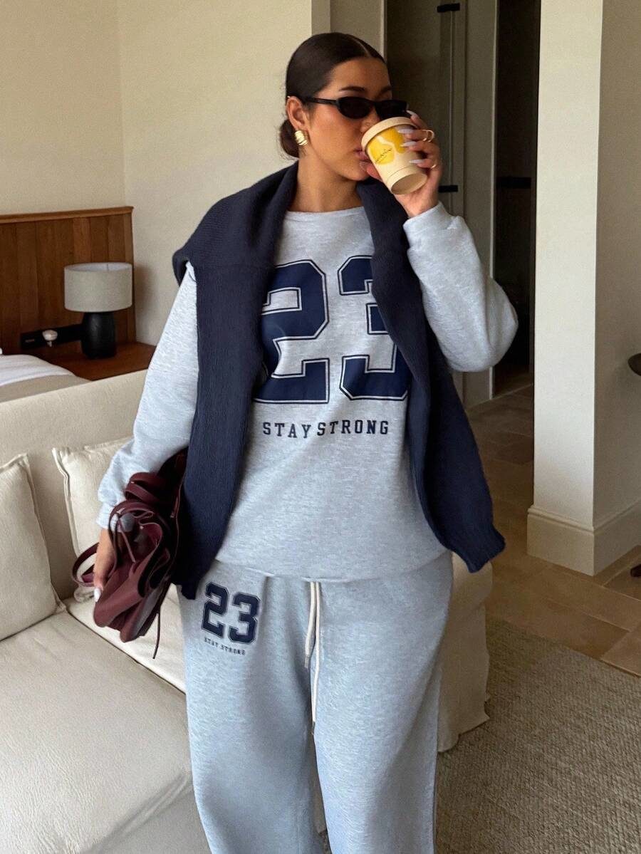 Plus Size Number Printed Thermal Lined Sweatshirt And Sweatpants 2 Pieces Set