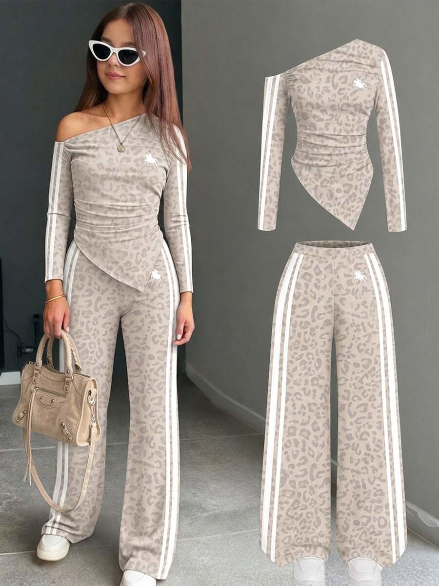 Girls Asymmetrical Shoulder Kids Slim Fit Long Sleeve Top & Flare Pants Set