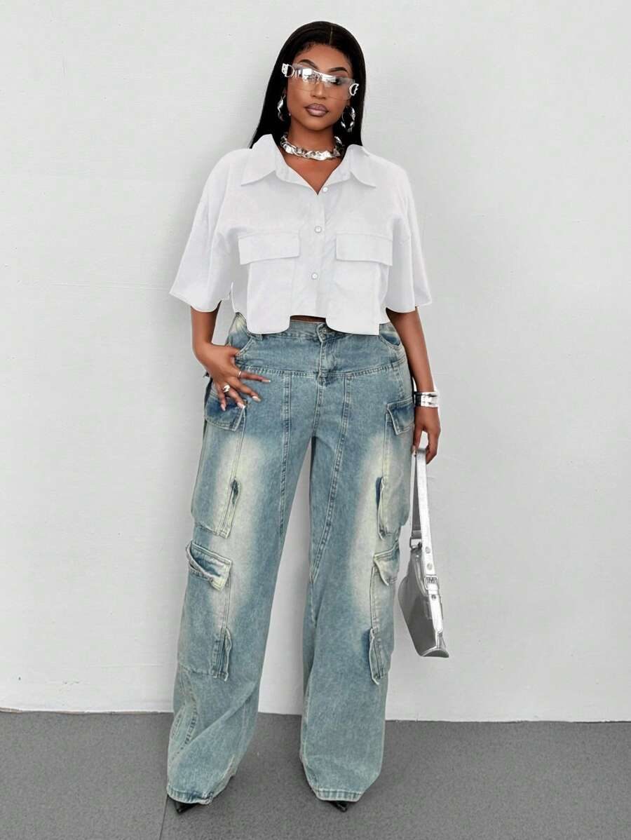 Plus Size Women's Solid Color Cropped Pocket Shirt Y2k