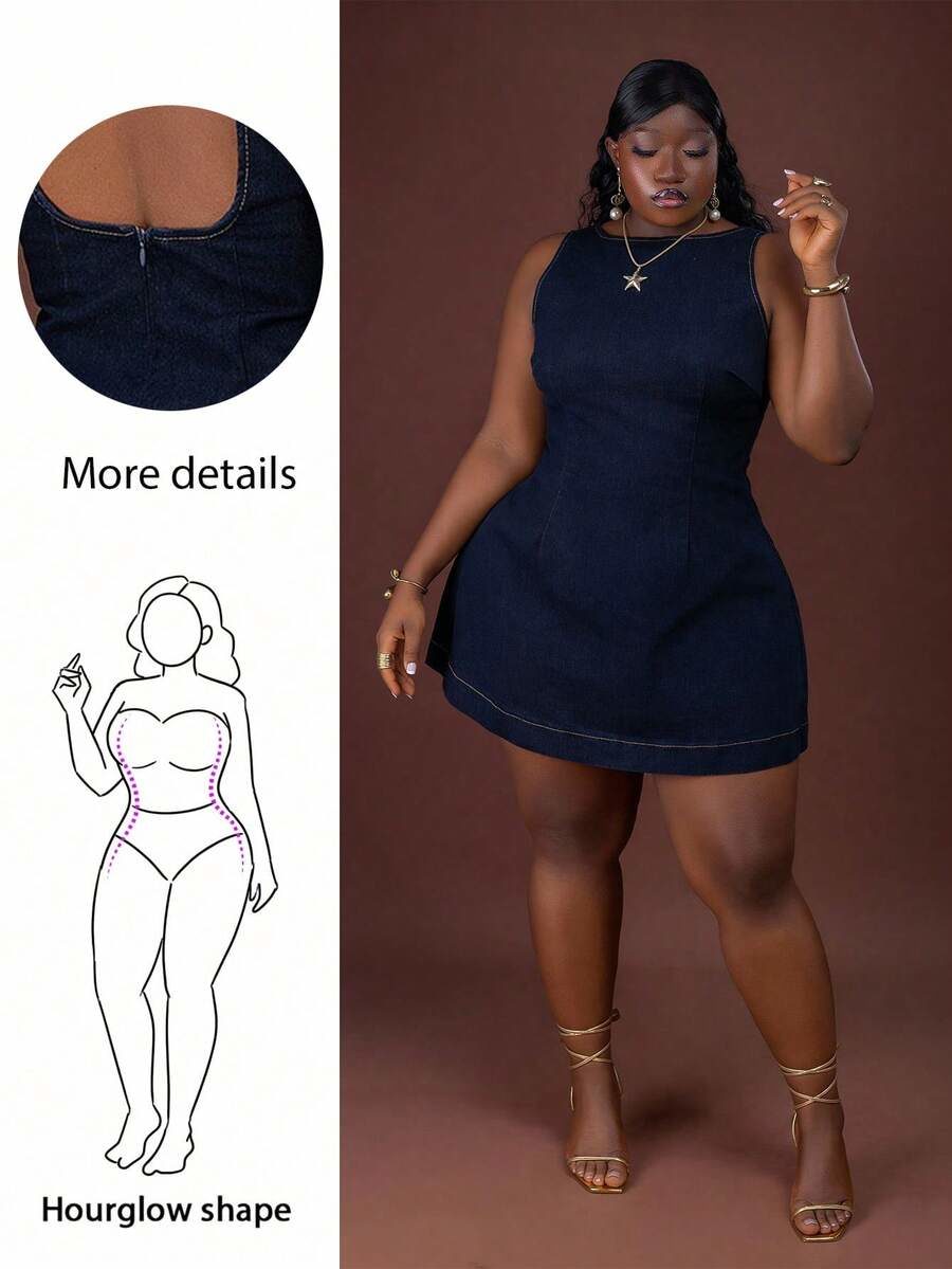 Plus Size Women's Backless Round Neck Sleeveless Casual Denim Dress