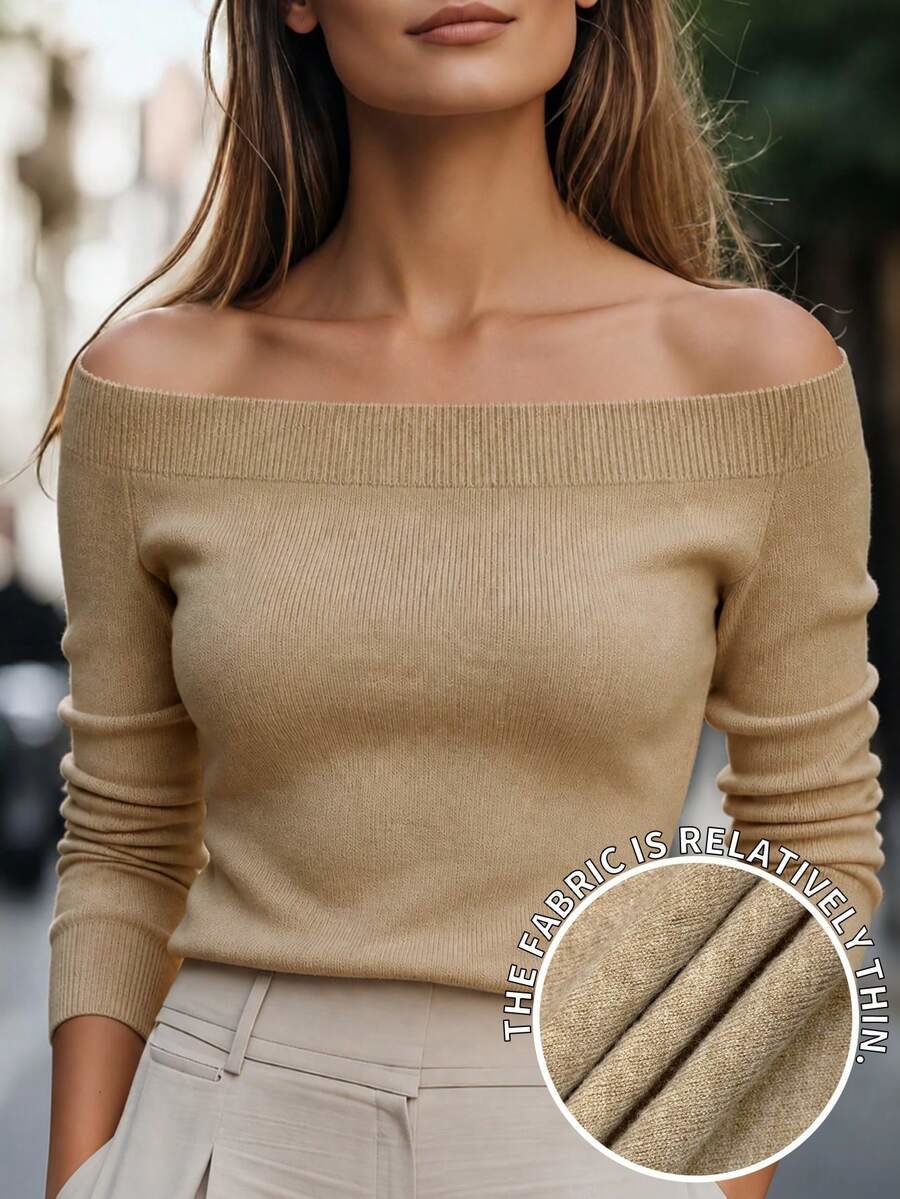 Women's Classic Urban Modern Khaki Cold Shoulder Slim Fit Boat Neck Knit Sweater