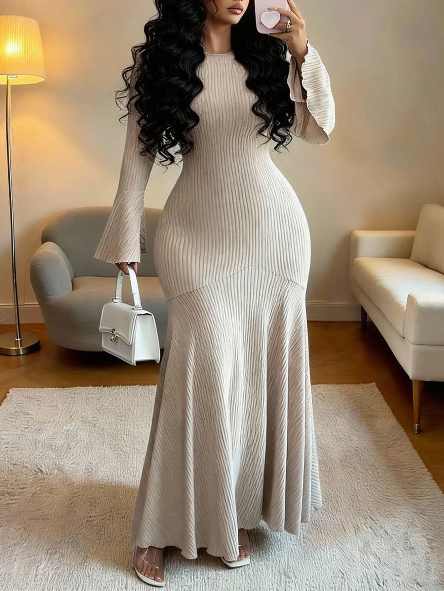 Plus Size Women's Fashion Casual Flare Sleeve Long Dress Fall