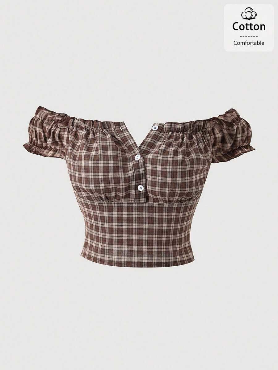 Ruffle Classic Cottage Core Vintage Plaid Short Sleeve Women Blouse Shirt