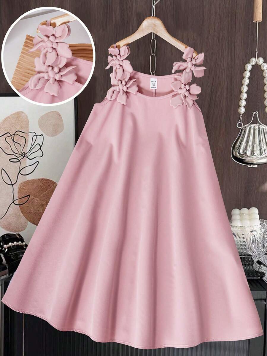 Tween Girl Waist Craft 3D Floral Strap Swing Mini Dress Everyday Wear Or Parties