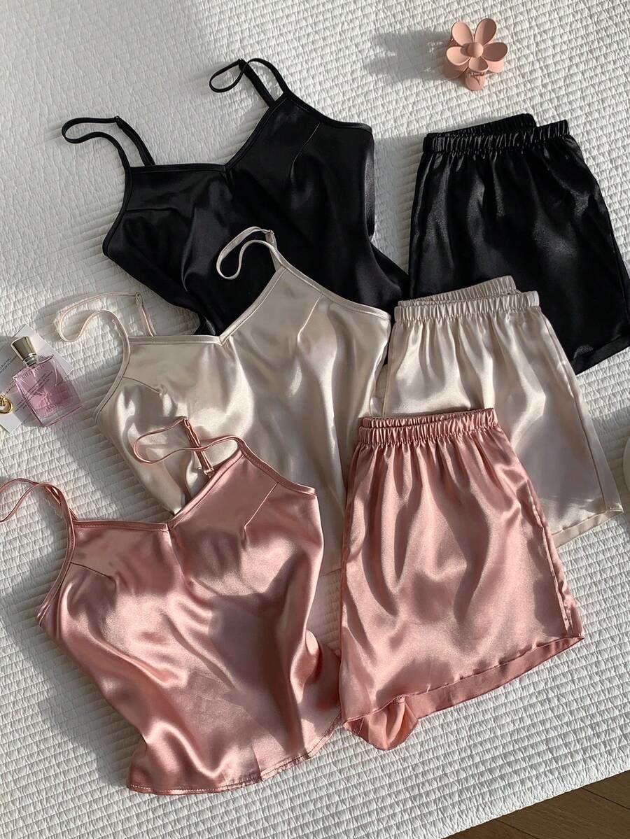 3pcs Women Solid Color Camisole And Shorts Pajama Set