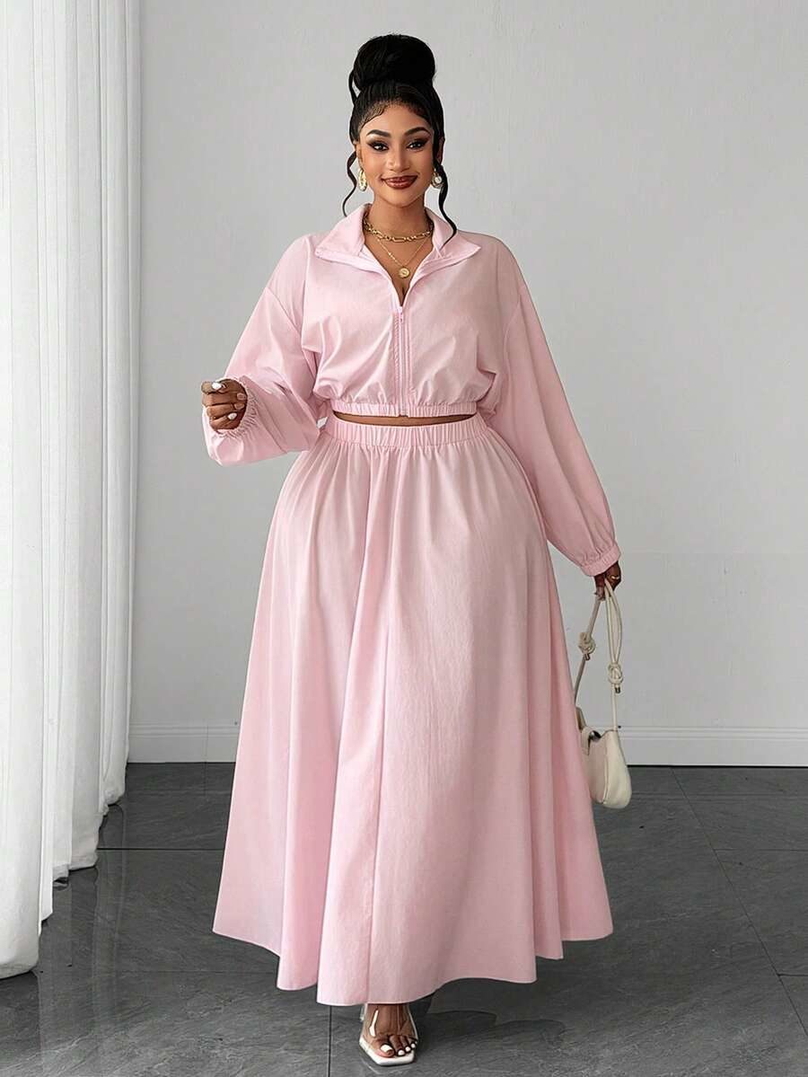 Plus Size Women Stand Collar Thin Long Sleeve Jacket And Skirt 2 Pieces Set