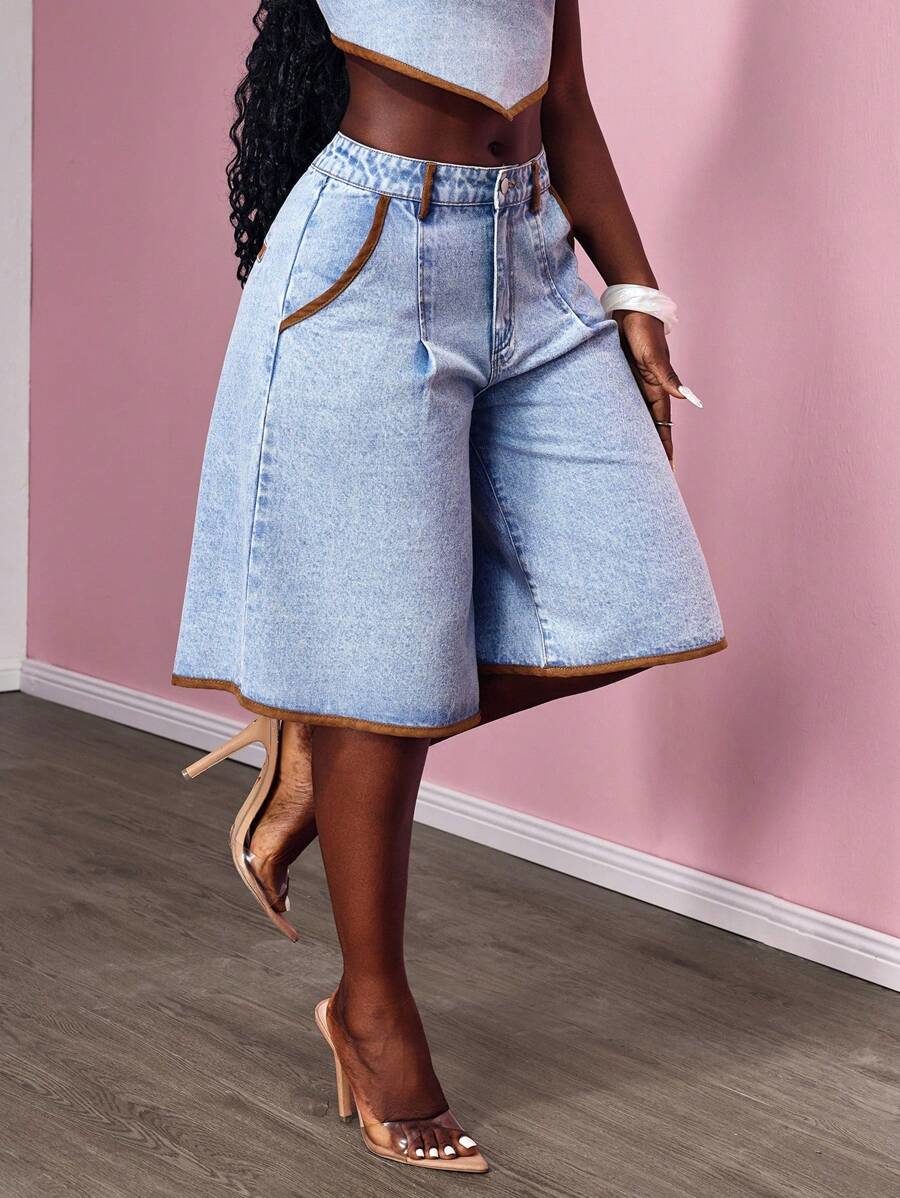 Tall CURVE Plus Size Women Casual Everyday Wear Pockets Button Denim Shorts