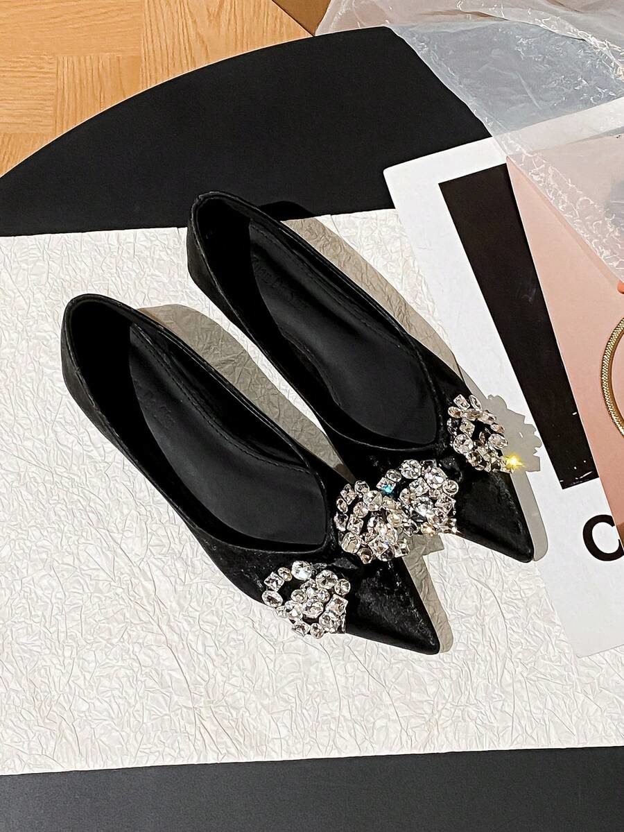 Elegant Women's Flat Shoes, Versatile Rhinestone Bow Pointed Toe Slip-On Pumps