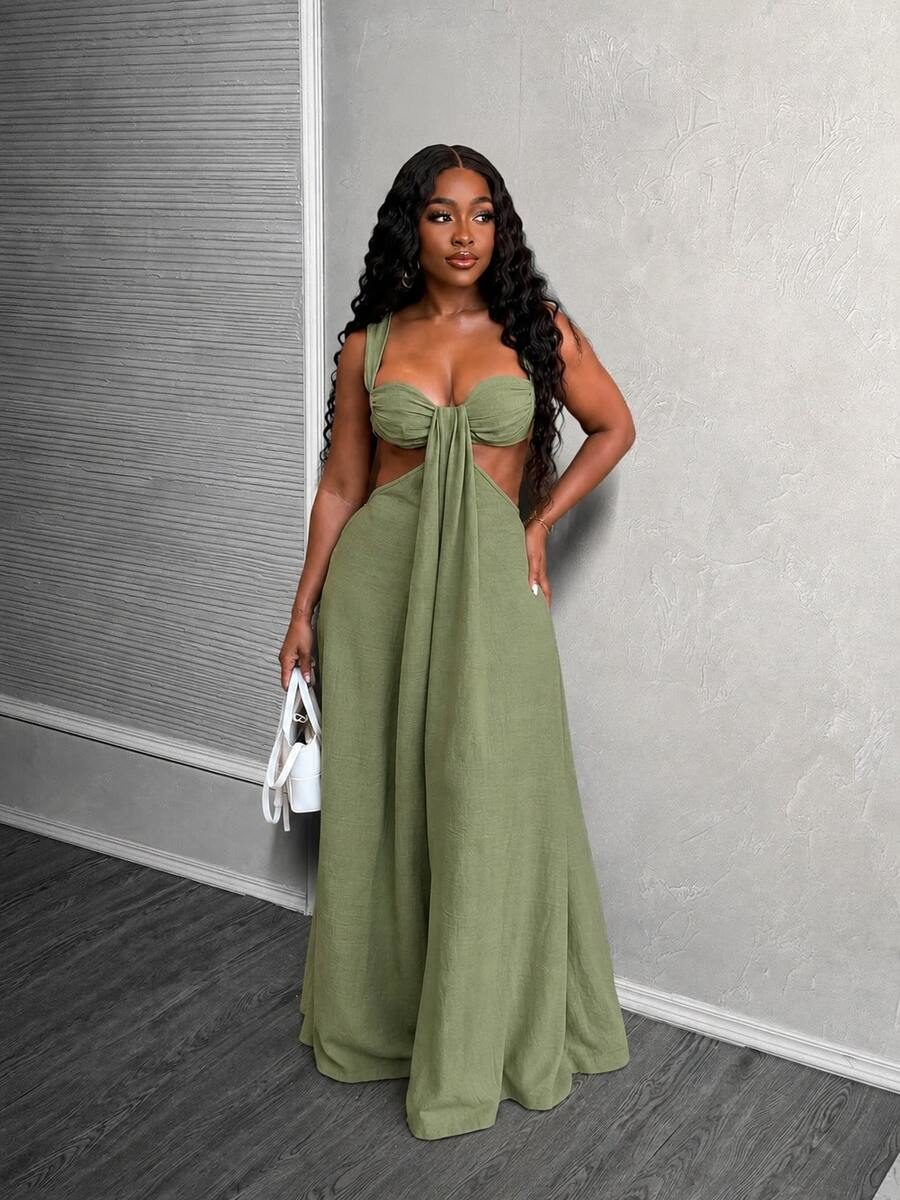 SADE Solid Color Twist Design Camisole Low Neck Loose Woven Green Jumpsuit
