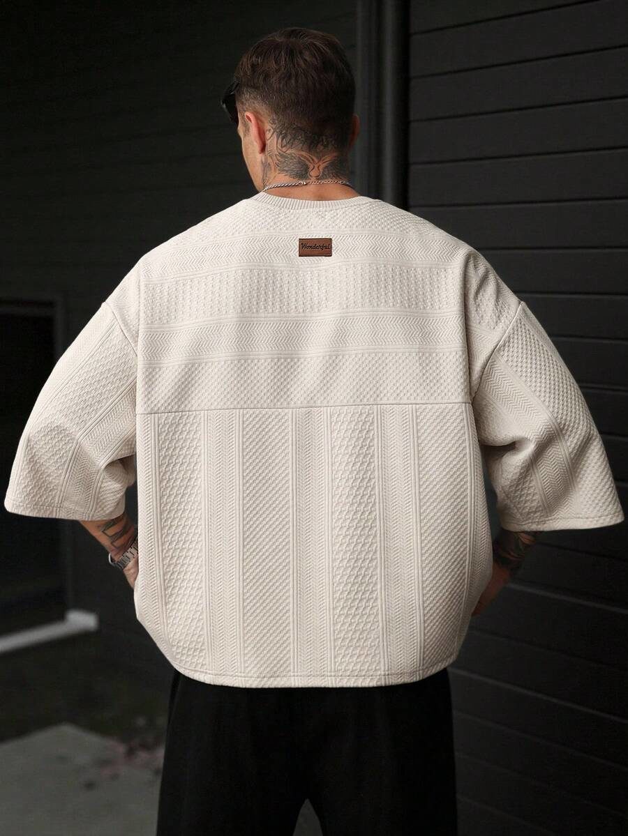 Men's Crew Neck 3/4 Sleeve Textured Loose Casual Streetwear T-Shirt