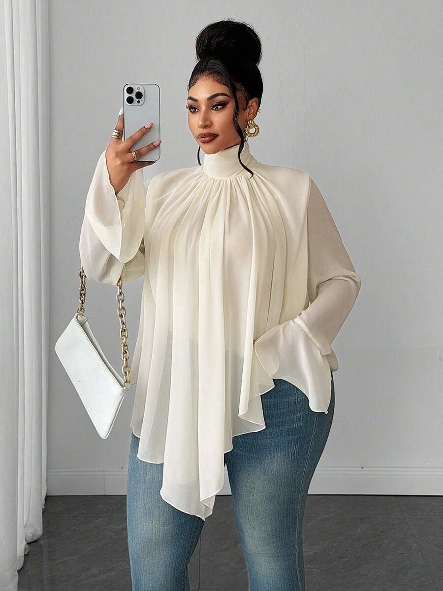 Plus Size Women's High Neck Ruched Asymmetrical Flared Sleeve Chiffon Blouse