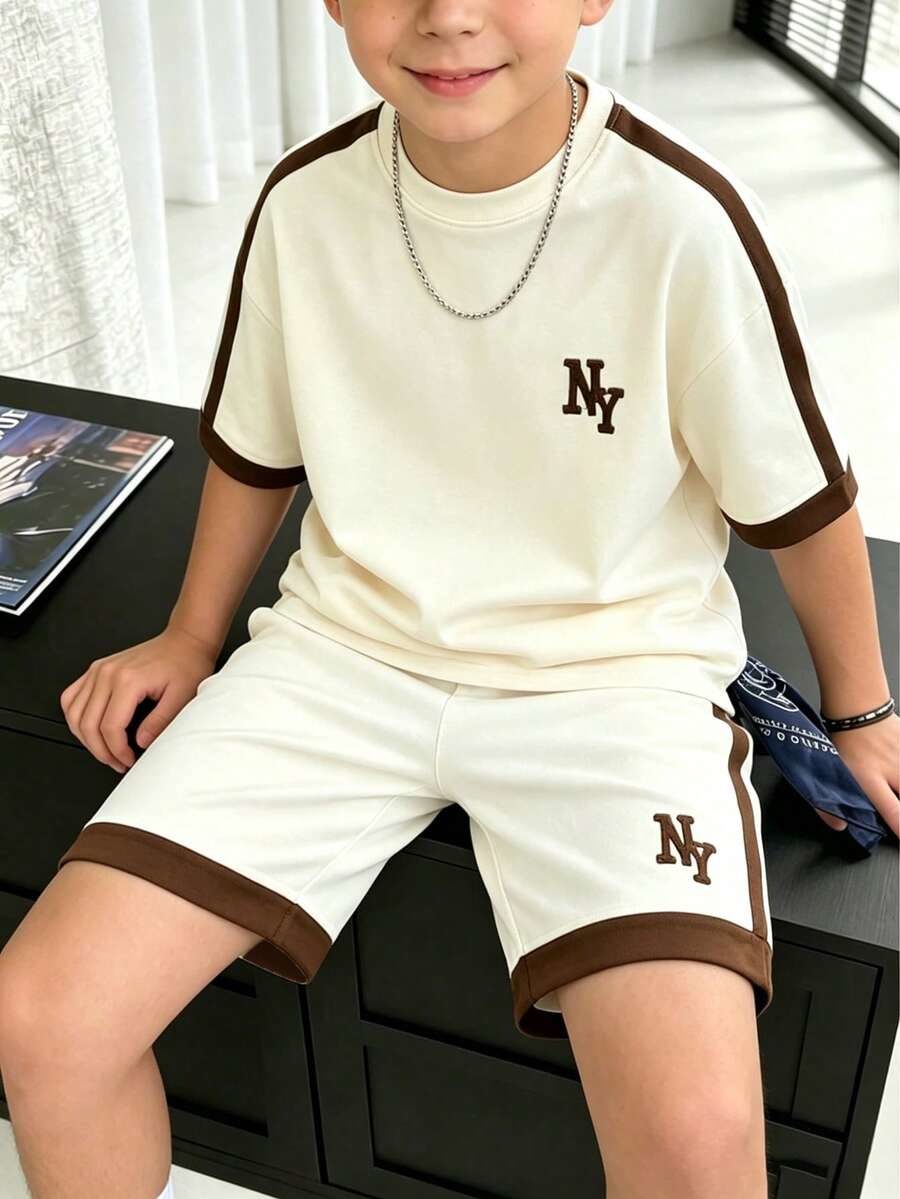 2pcs Tween Boy Fashion Crew Neck Short Sleeve T-Shirt Set