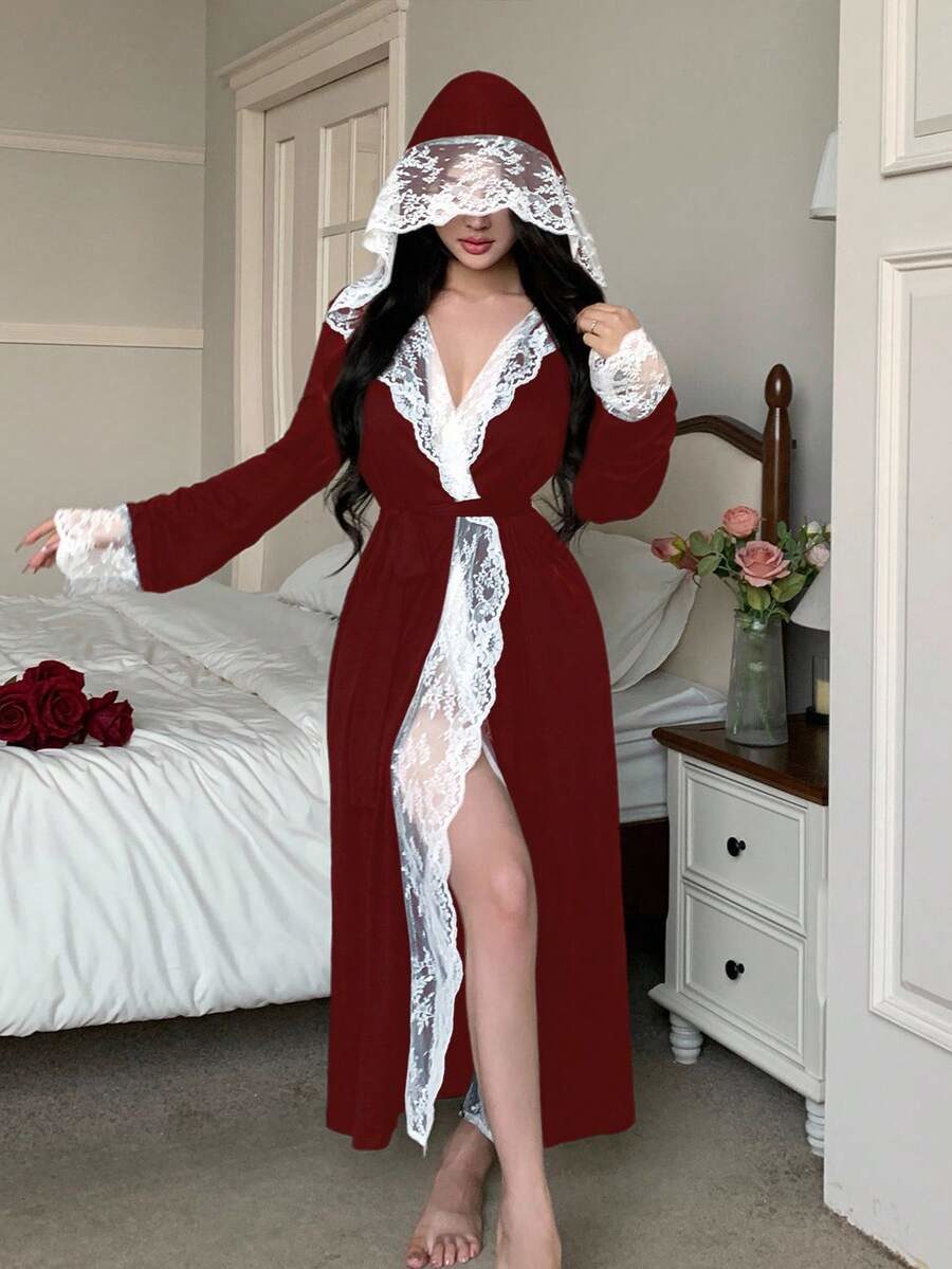 Casual Elegant Lace Patchwork Hooded Belted Bath Robe For Women