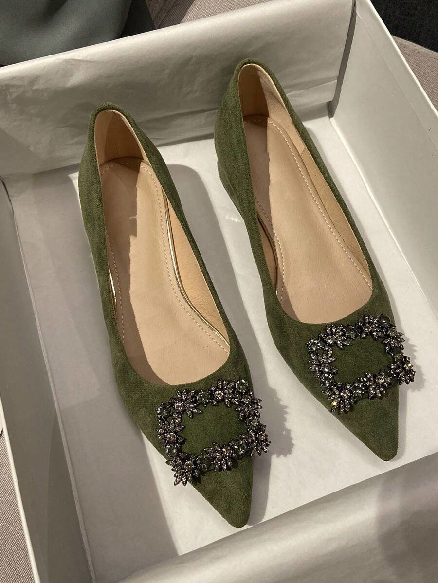 Fashion Professional Women's Flats With Chunky Heels & Rhinestone Buckle
