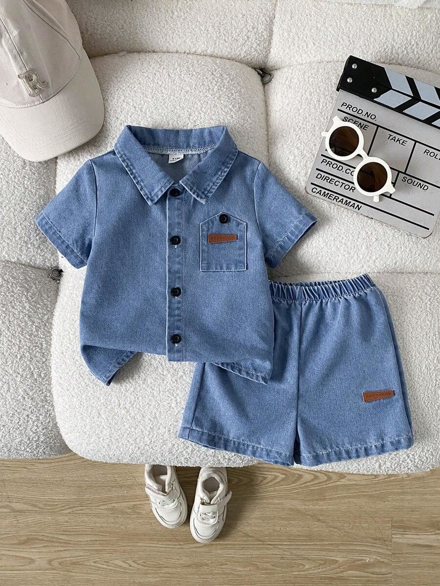 Playful Pals 2pcs Infant Baby Boy Summer Navy Blue Denim Set Fashionable Lapel Short Sleeve Cardigan TopShorts Minimalist Tropical Modest Casual Beach Holiday
