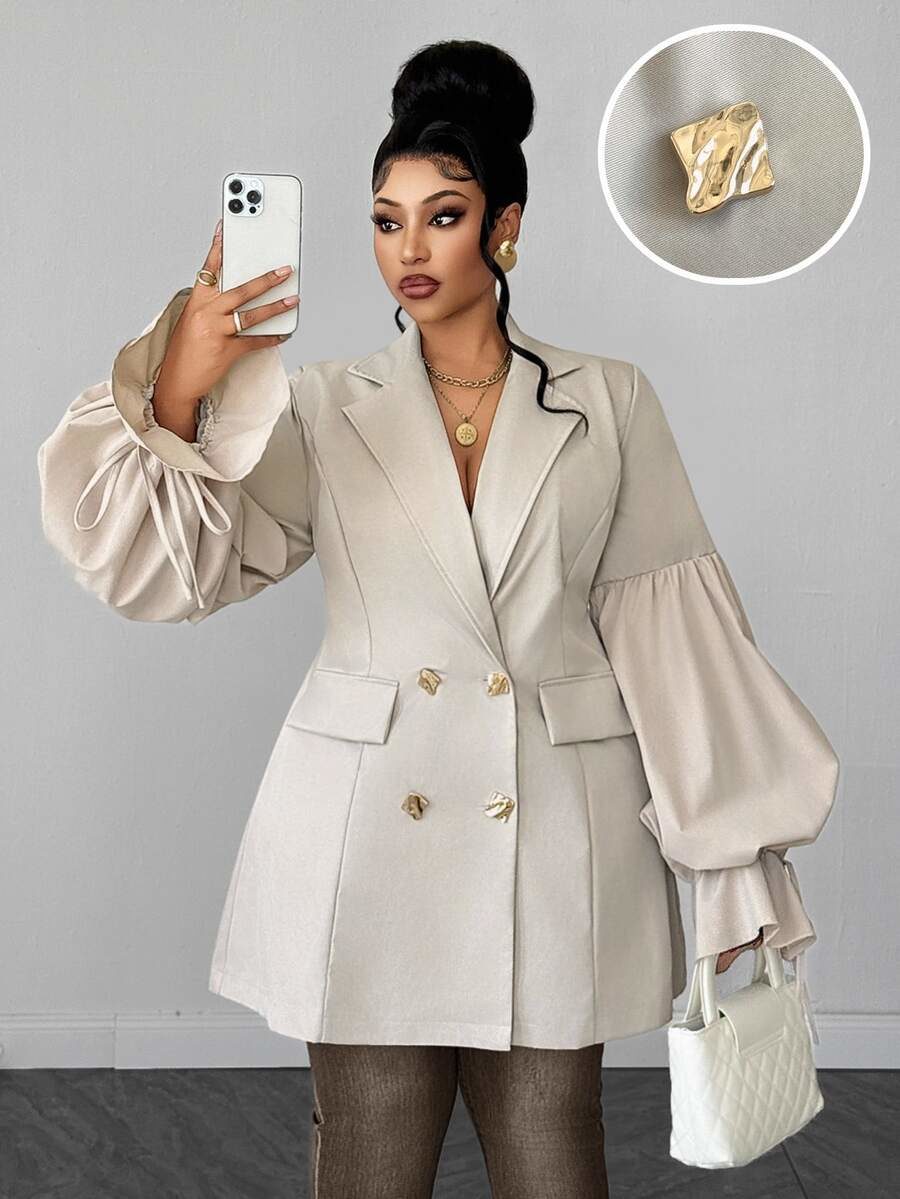 Lantern Sleeve Cuff Tie Khaki Color Commute High-End Plus Size Women's Jacket