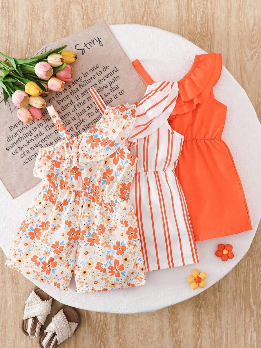 3pcs/Set Young Girl Fashionable Casual Floral & Striped Print Spaghetti Strap Romper