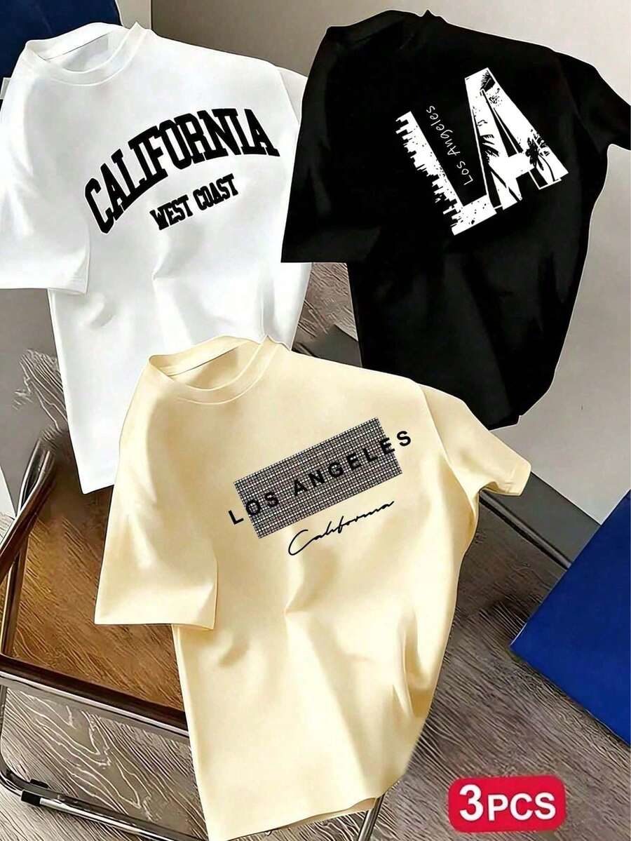 3pcs/Set Teen Boy Casual Funny Print Crew Neck Short Sleeve T-Shirts